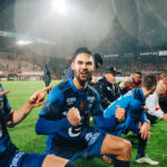 Sandy Walsh is blij na het scoren van het winnende doelpunt voor KV Mechelen in de bekerwedstrijd op KV Kortrijk.
